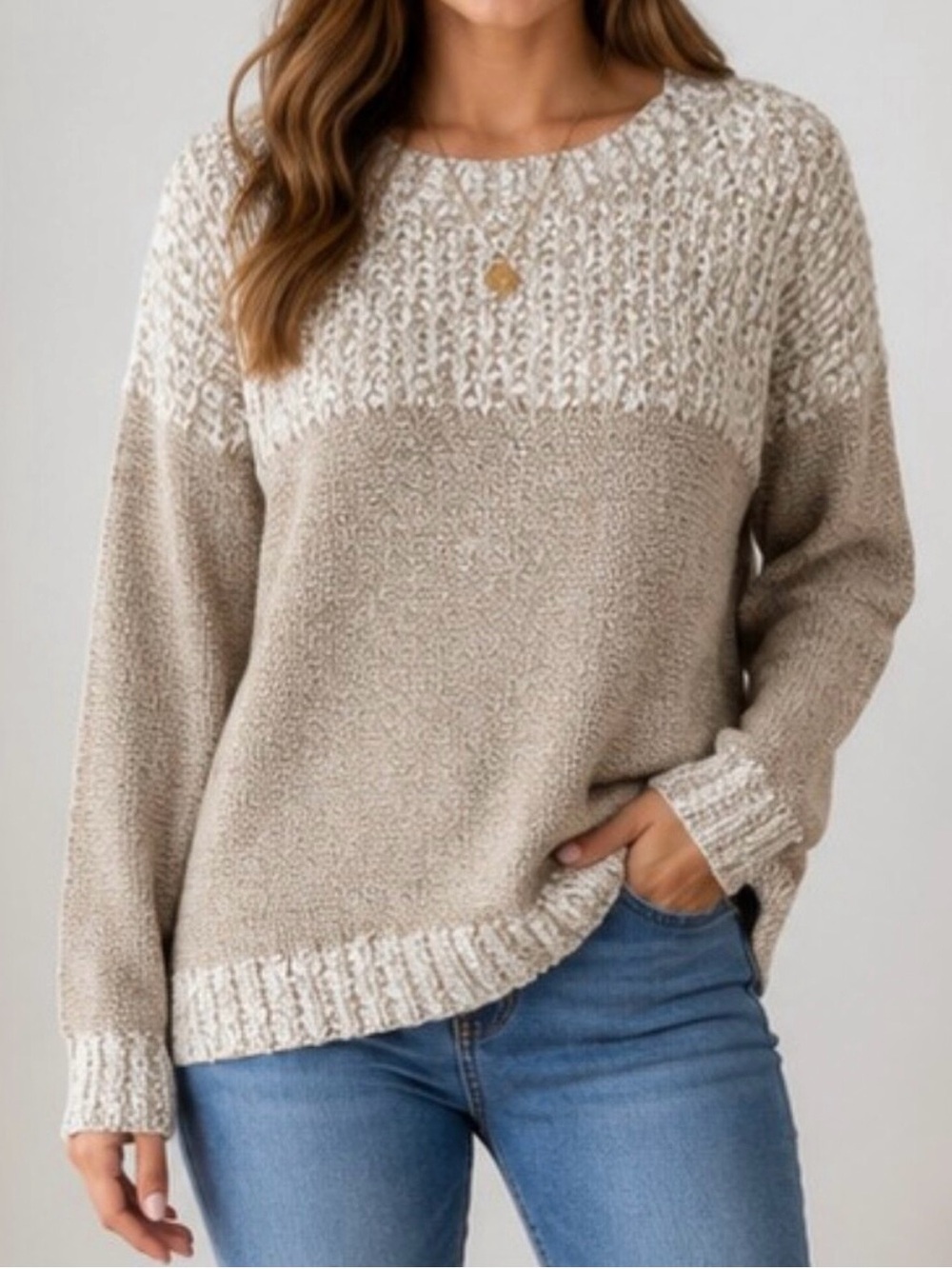 Fate Clairina Textured Pullover Tan and Cream Crew Neck Sweater. Size XL.